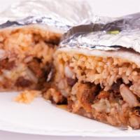 Rancho Burrito · Choice of meat, rice, beans, salsa, onion, cilantro, cheese and chips.