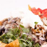 Nachos · A​ crowd favorite late at night.  Your choice of meat, and beans, cheese, onion, tomato, jal...