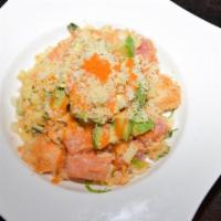 Osaka Salad · Salad with assorted raw fish, avocado, tobiko, and crunch with spicy mayo.