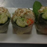 A 4. Tofu Summer Roll (2) · Tofu, lettuce, carrot, bean sprout, red cabbage, mint, cilantro, basil wrapped with delicate...