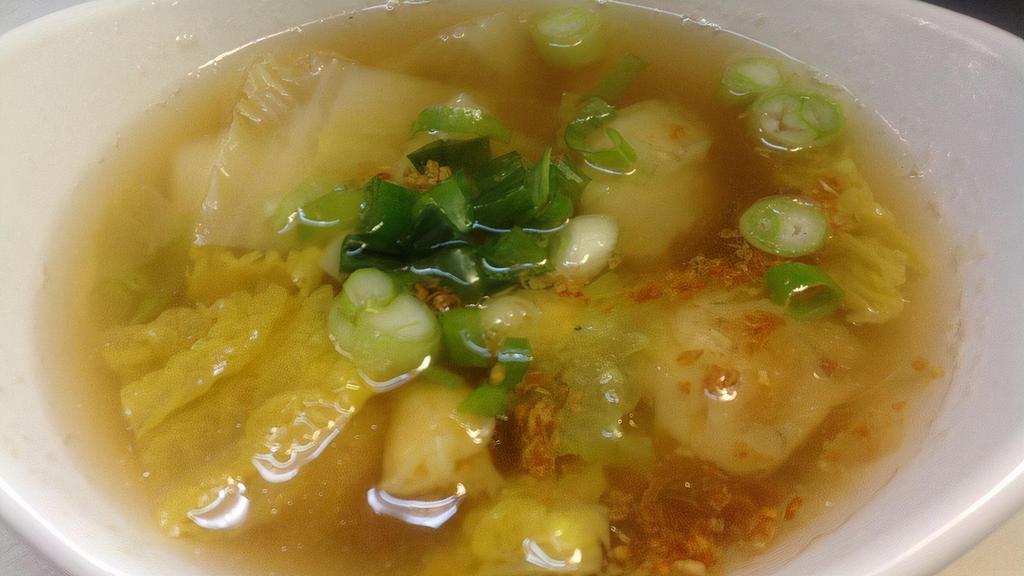S 12. Wonton Soup · Minced chicken and shrimp, wrapped in wonton skin wrap, Napa cabbage, in special chicken broth.