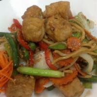 E-13B Thai Style Lomein · Stir fried Lo-Mein noodles with onion, scallion, bell pepper, carrot, string bean and Napa c...
