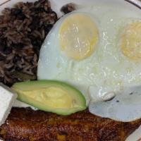 Desayuno Latino · A typical Latino breakfast. A sweet fried plantain, chorizo. and 2 eggs. Accompanied by casa...