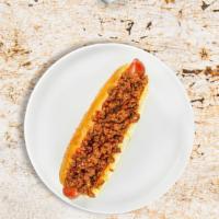 Chili Sundown Hot Dog · Hot Dog with chili.