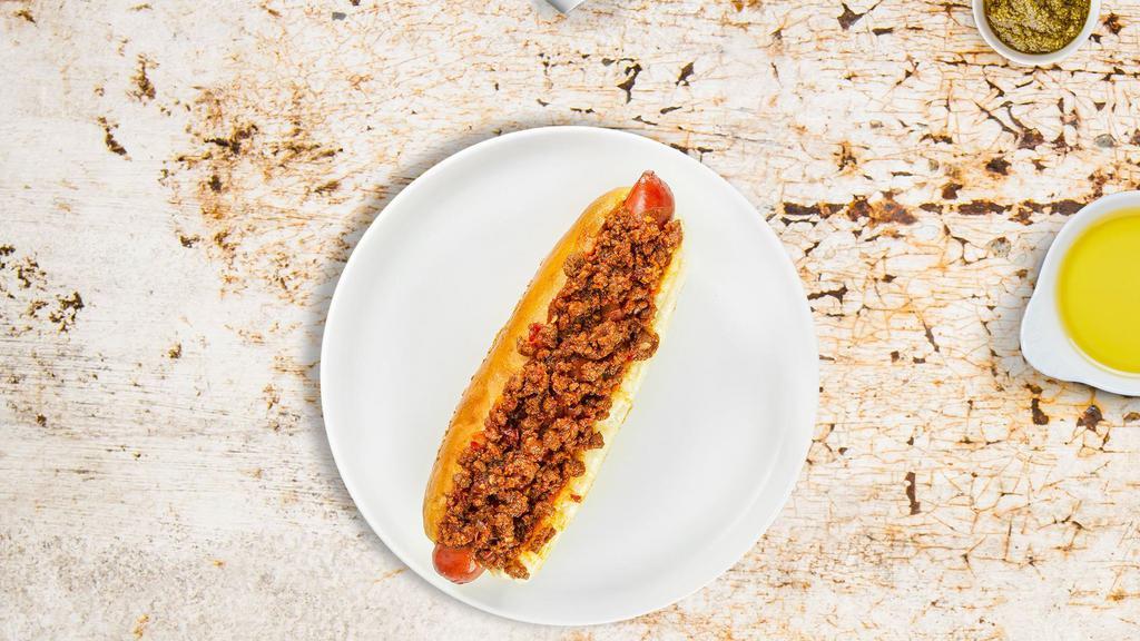 Chili Sundown Hot Dog · Hot Dog with chili.