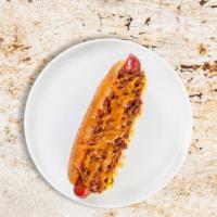 Chili Cheese Trouble Hot Dog · Hot Dog with chili and melted cheese.