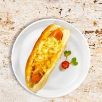 Cheese Madness Hot Dog · Hot Dog with melted cheese.