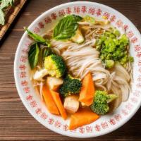 Healthy Mixed Vegetable Phó Noodle Soup · Mixed vegetables. Served with vegetarian broth soup, onions, scallions and lemon, basil and ...