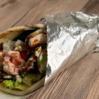 Gyro Wrap · lettuce, tomato, cucumber, pickle ,onion, feta cheese, white sauce, and red sauce