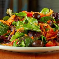 Mista · Mixed Greens, Olives, Sliced Grape Tomatoes, Carrots, Balsamic Vinaigrette