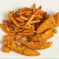 Halal Chicken Tenders  · Halal fried breaded chicken served with French fries.