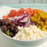 Greek Salad / سلطة يوناني · toss of romaine, red onion, Feta cheese, Kalama olives, cucumbers, pepperoncini, and Italian...