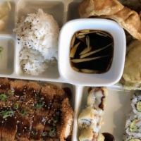 Chicken Katsu Bento Box · Served with miso soup, seaweed salad, ika sansai, mixed veggie tempura, popcorn shrimp, chic...