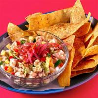 Red Snapper Ceviche · red snapper, shrimp, avocado lime, pineapple, mango, pickled red onion, lime, chips