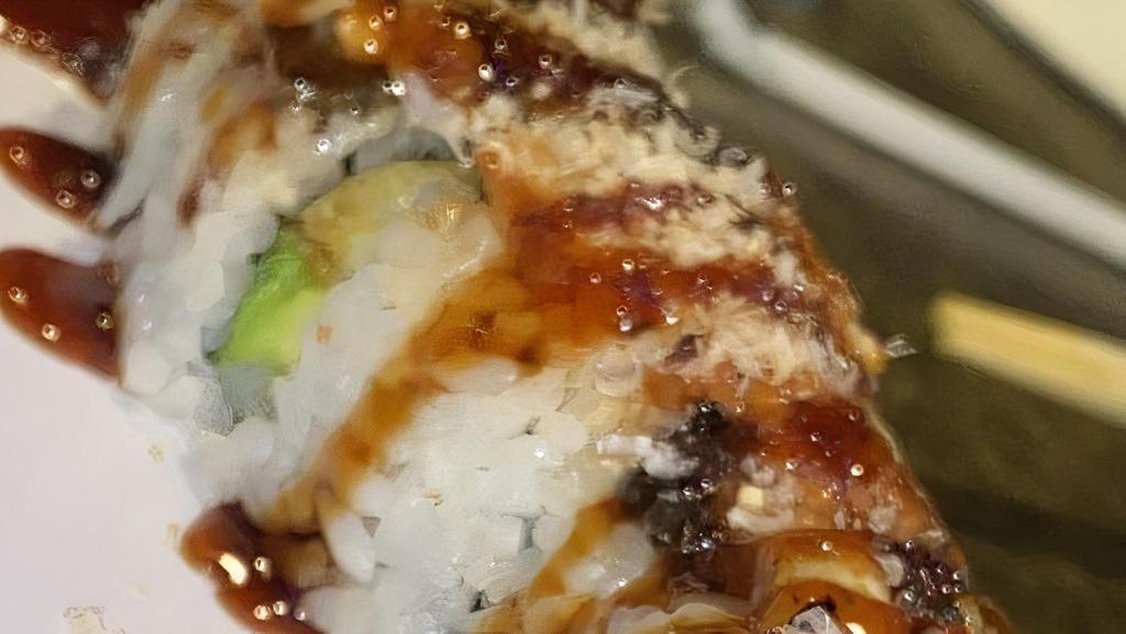 Hidden Dragon Roll · Shrimp tempura, avocado & jalapeno topped w/eel, bonito flakes & sweet soy.
