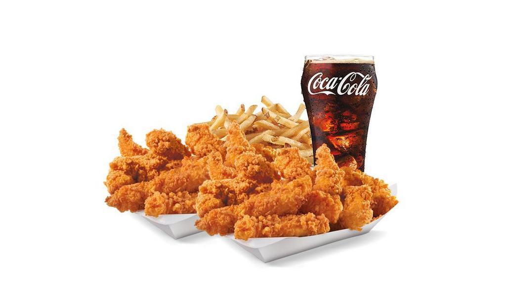 20 Piece - Hand-Breaded Chicken Tenders™ Box Combo · Premium, all-white meat chicken, hand dipped in buttermilk, lightly breaded and fried to a golden brown. Served with a choice of dipping sauce, Fries and a Soft Drink.