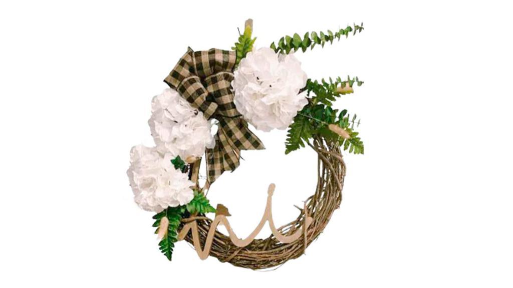 Year Round Hydrangea Eucalyptus Circle Wreath · Year round hydrangea eucalyptus circle Wreath a perfect and welcoming addition to any door or home. Real Eucalyptus gives it a fresh smell. Lightweight and easy to hang. Faux and real green eucalyptus, faux Hydrangeas, wooden 