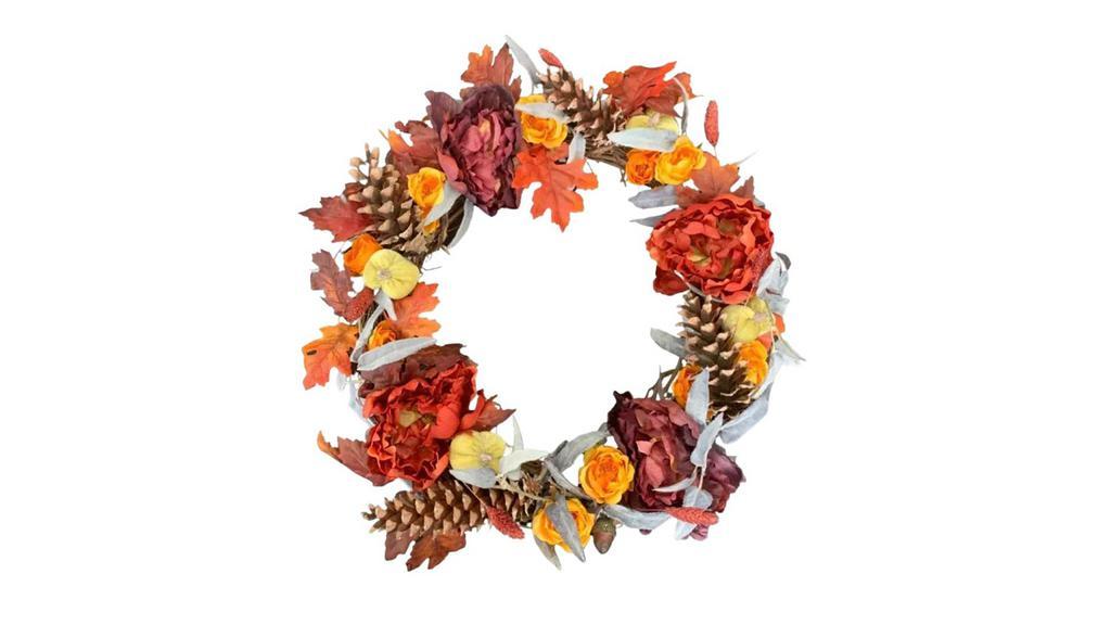The Fall Circle Wreath (Made To Order) · Limited edition. The fall wreath (made to order). A beautiful circle of fall colors, flowers, and tidbits. From real pinecones to faux pumpkins, yellow roses, and peonies, green to orange. This wreath is a statement piece for autumn. Farmhouse or chic. Whatever your taste, this is a lightweight and easy to hang item. Faux peonies and roses, faux brown leaves and velvet pumpkins, real pine cones, grapevine 18