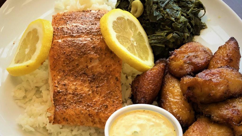 Nazca Baked Salmon · Fresh cut baked salmon seasoned with Peruvian herbs and spices served with remoulade sauce choice of two sides.
