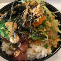 Vegan Of The Sea Poké Bowl · Double tofu, cucumber, sweet corn, carrot, edamame, cilantro, sweet onion, wasabi aioli, cit...