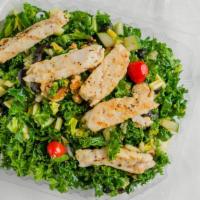 Tossed Green Kale Salad · Organic kale, celery, cucumber, apples, tomatoes, walnuts, organic olive oil, and pomegranat...
