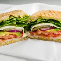 Turkey Ciabatta · Turkey, swiss cheese, fresh tomatoes, avocado, red onions, romaine lettuce, pickles, mustard...