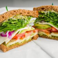 Vegetarian Sandwich · Swiss cheese, cucumber slices, fresh tomatoes, avocado, baby spinach, alfalfa sprouts, musta...