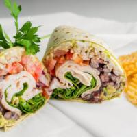 California Wrap · Swiss cheese, turkey, brown rice, black beans, tomatoes, avocado, red onions, baby spinach, ...