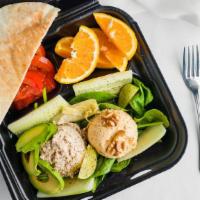 Kaboose Lunch Platter · Scoop of homemade hummus, scoop of our own albacore tuna mix, cucumber, and tomato slices, s...