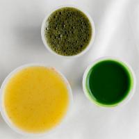 The Flight · A combination of wheatgrass, ginger, and brainon shots.
