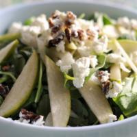 Arugula Pear · Baby arugula, pears, shaved fennel, goat cheese & caramelized pecans tossed with our lemon h...