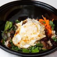Bibimbab Bowl · Cooked spinach, mung bean sprout, carrot, with ground and marinated beef rib eye on white ri...