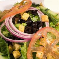 Garden Salad - Small · Tomato, onions, cucumbers, green pepper, black olives, topped with croutons.