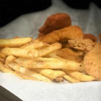 Chicken Strip Basket · Four breaded chicken strips served with fried and choice of dipping sauce. Not in the mood f...