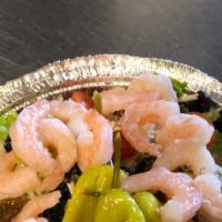 Bay Shrimp Chef Salad · Bay shrimp, parmesan cheese, tomatoes, olives, and pepperoncini atop our garden salad.