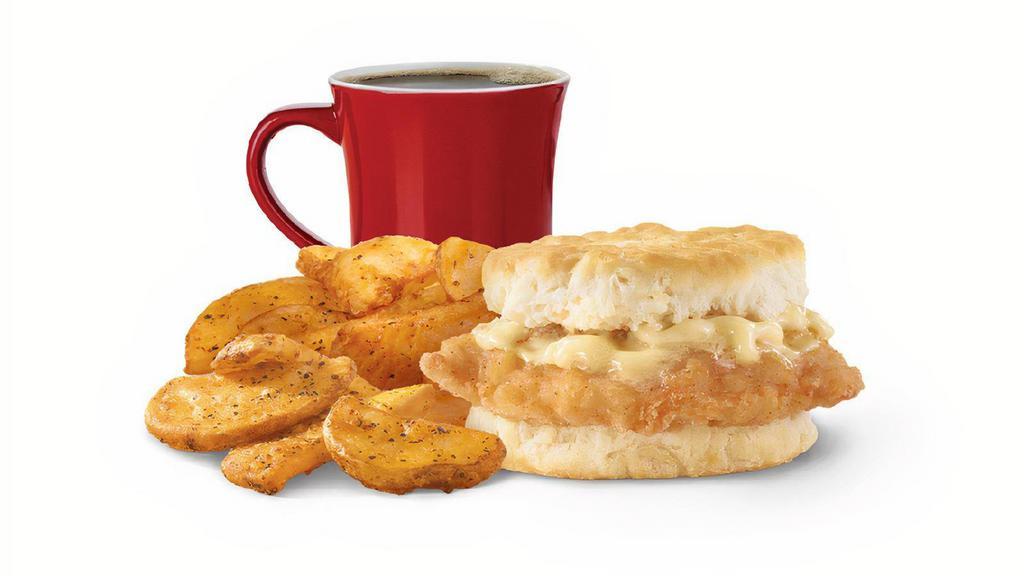 Honey Butter Chicken Biscuit Combo · A crispy, chicken fillet, perfectly seasoned and topped with maple honey butter on a fluffy buttermilk biscuit. It’s sweet, it’s savory, and it’s a great reason to get out of bed in the morning.