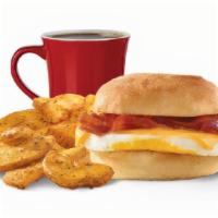 Classic Bacon, Egg & Cheese Sandwich Combo · A fresh-cracked grade A egg, Applewood-smoked bacon, and melted American cheese on a warm br...