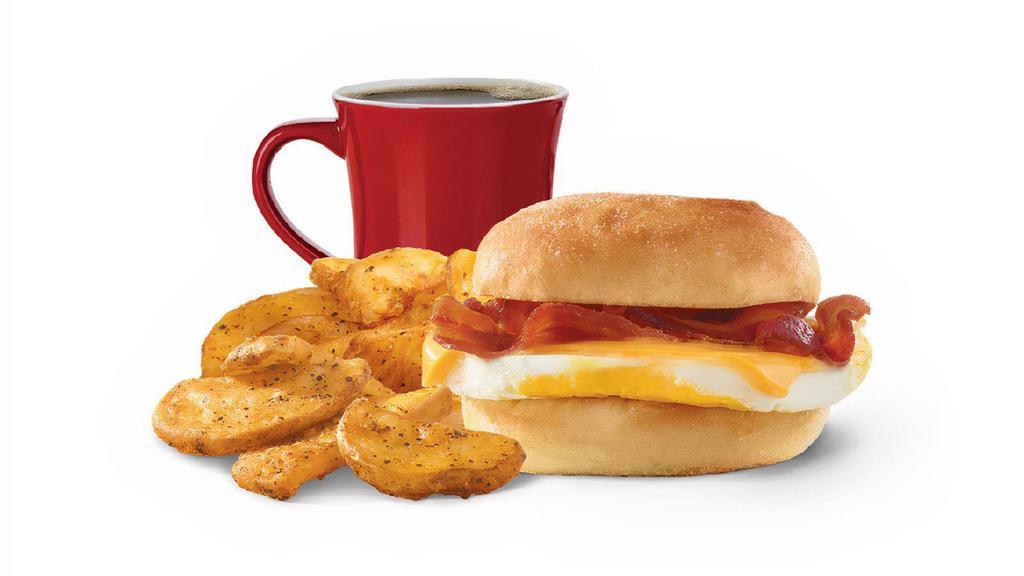 Classic Bacon, Egg & Cheese Sandwich Combo · A fresh-cracked grade A egg, Applewood-smoked bacon, and melted American cheese on a warm breakfast roll. A tried and true reason to rise.