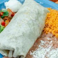 Carne Asada Burrito · A large flour tortilla filled with chopped grilled marinated steak, beans, guacamole and sal...