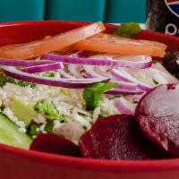 Greek Salad · Lettuce, Greek olives, beets, feta cheese, pepperoncini, tomatoes, cucumber and onions.