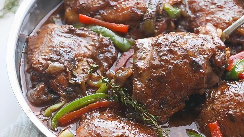 Brown Stew Chicken · Savory boneless chicken, spiced with Judy’s special seasonings in a rich brown stew.