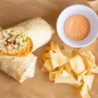 Chicken Burrito  · Juicy chicken thigh marinated in our  savory  sauce, kimchi fried rice, blended cheeses, ice...
