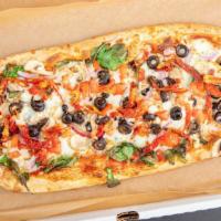 Edgy Veggie · Classic Tomato Sauce, Provolone, Red Onion, Mushrooms, Black Olives, Tomatoes, Spinach, Sun-...