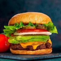 Avolicious Burger · Beyond Meat patty topped with avocado, melted vegan mozzarella cheese, lettuce, tomato, onio...