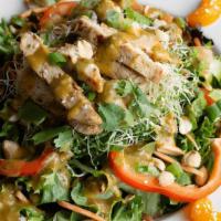 Thai Salad · 12-16 SERVINGS. Fresh greens, chicken, scallions, red bell peppers, sprouts, peanuts, mandar...