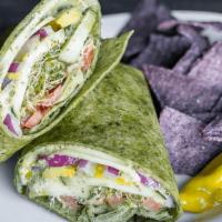 Green Horn Veggie Wrap · Avocado, tomatoes, cucumbers, sprouts, red onions, provolone & pesto mayo in a flour tortill...