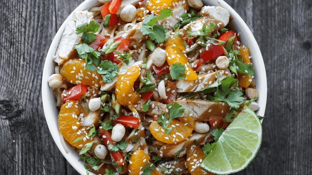 Cory'S Thai Peanut · Thai peanut sauce with rice noodles, seasoned chicken, red bell peppers, scallions, mandarin oranges, roasted peanuts, fresh cilantro, sesame seeds & lime, served chilled. (cal 960)