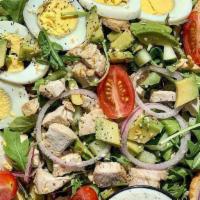 Cobb Salad · Garden greens, grilled chicken, avocado, bacon, hard-boiled egg, bleu cheese, cucumber, toma...