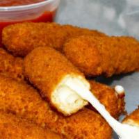 Mozzarella Sticks · Breaded mozzarella sticks deep fried to a golden brown and served with marinara sauce.