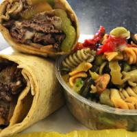 Philly Steak Wrap · Shaved steak grilled with peppers, onions and mushrooms topped with mozzarella cheese.